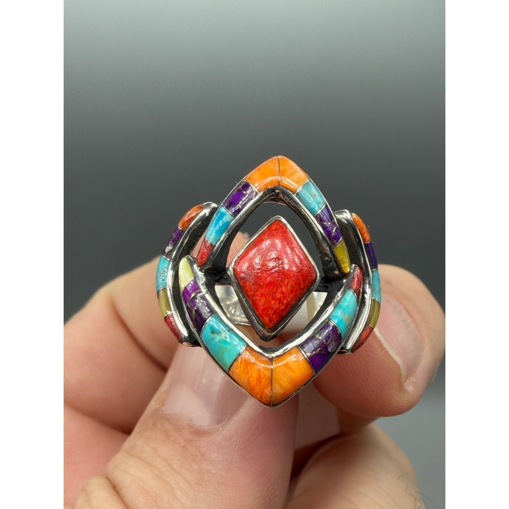 Sterling Silver Multi Stone Inlay Ring Coral Turquoise Native Southwest S7 #1136